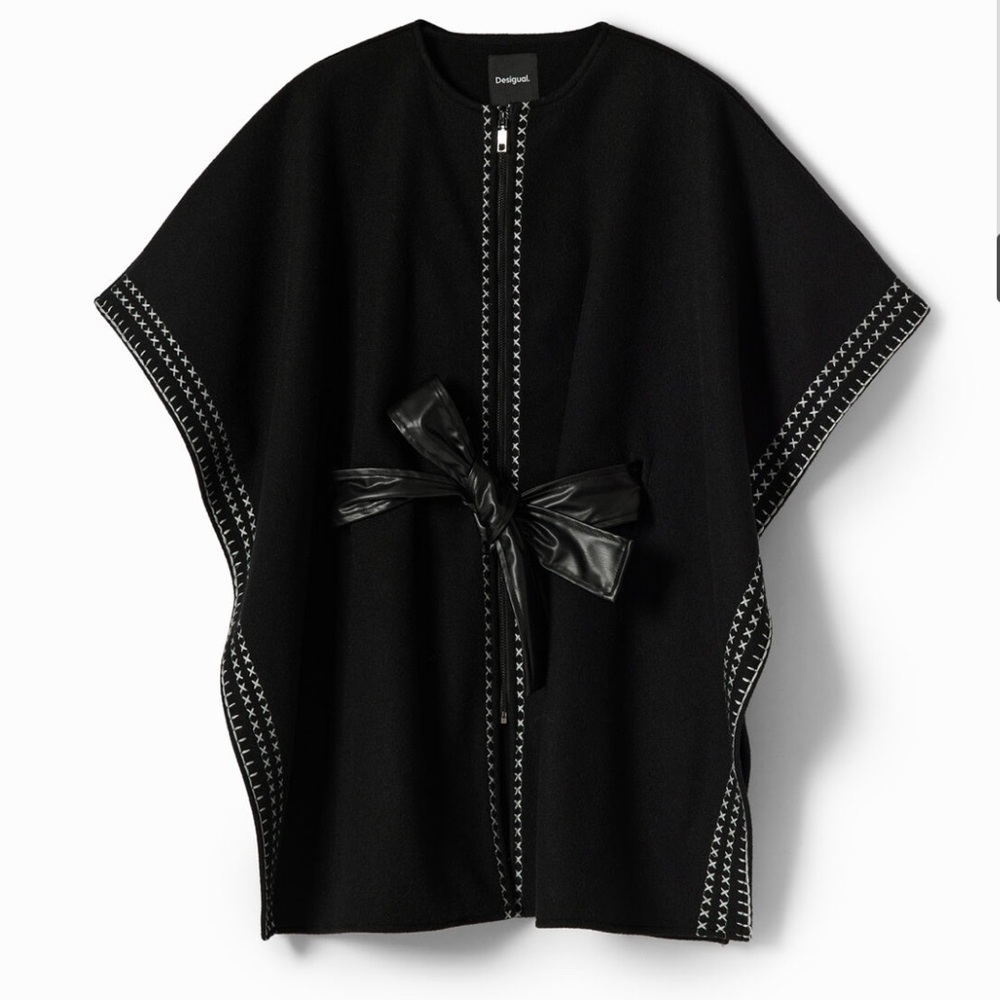 EMBROIDERED BELTED PONCHO CAPE